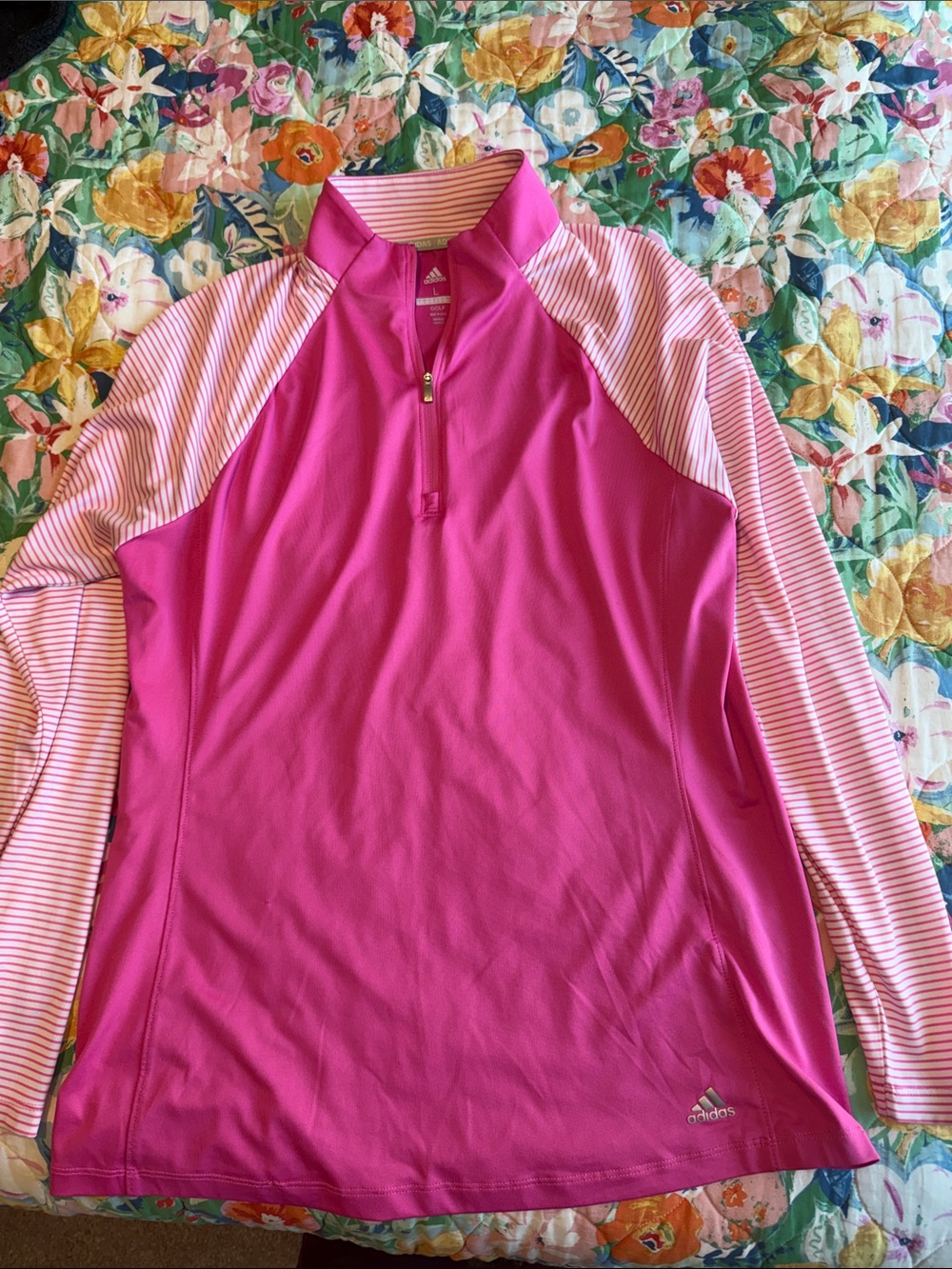 adidas Hot Pink Quarter-Zip Performance Pullover with Striped Sleeves